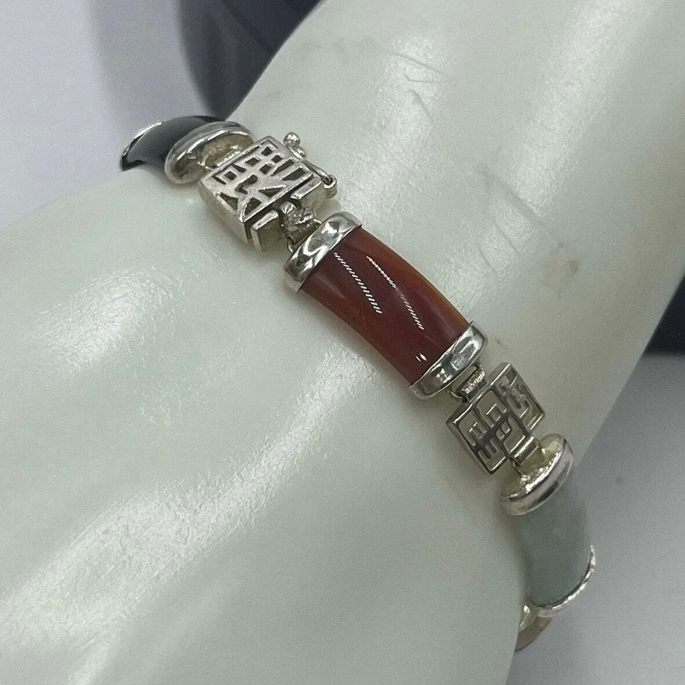 Vintage 1960's Signed Chinese Jadeite Sterling Panel Link Bracelet 7.5